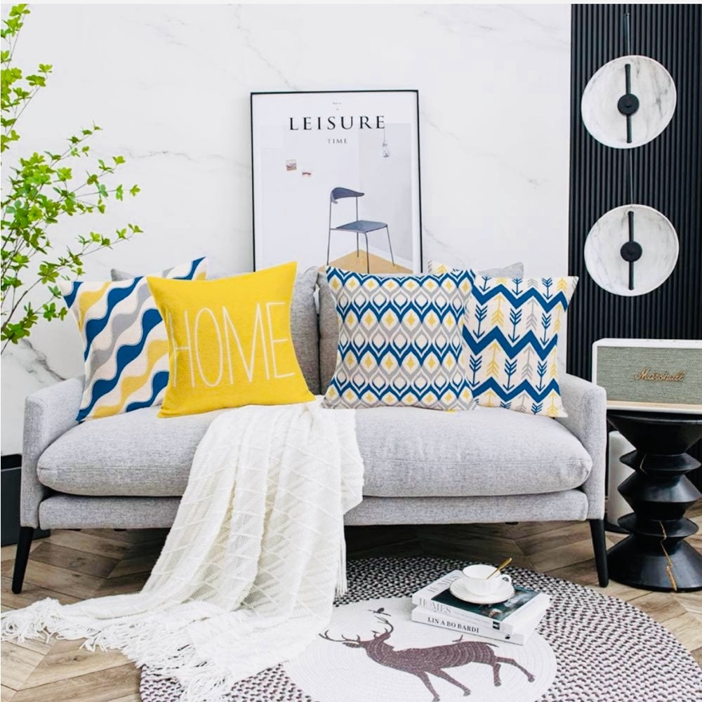 Geometric Set of 4 Throw Pillow Covers Blue Yellow Grey NEW - Picture 4 of 12